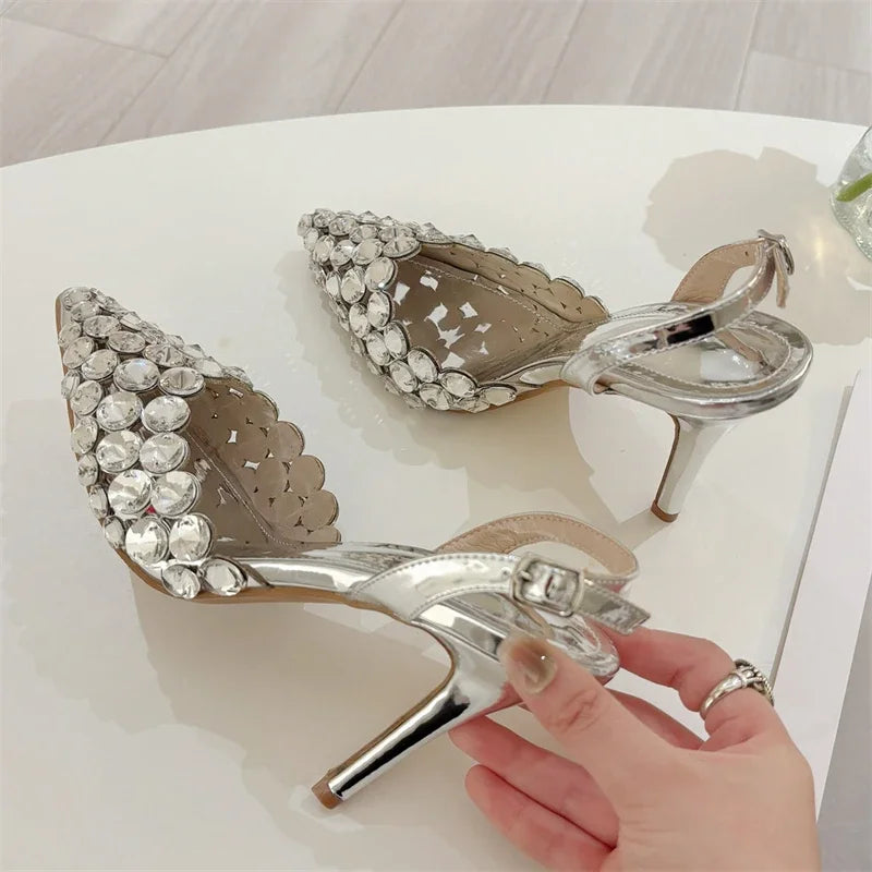 Aneikeh Fashion Stiletto Pumps Summer Silvery Rhinestone Hollow Strap High-heeled Sandals Women Wedding Banquet Shoes heels_stiletto