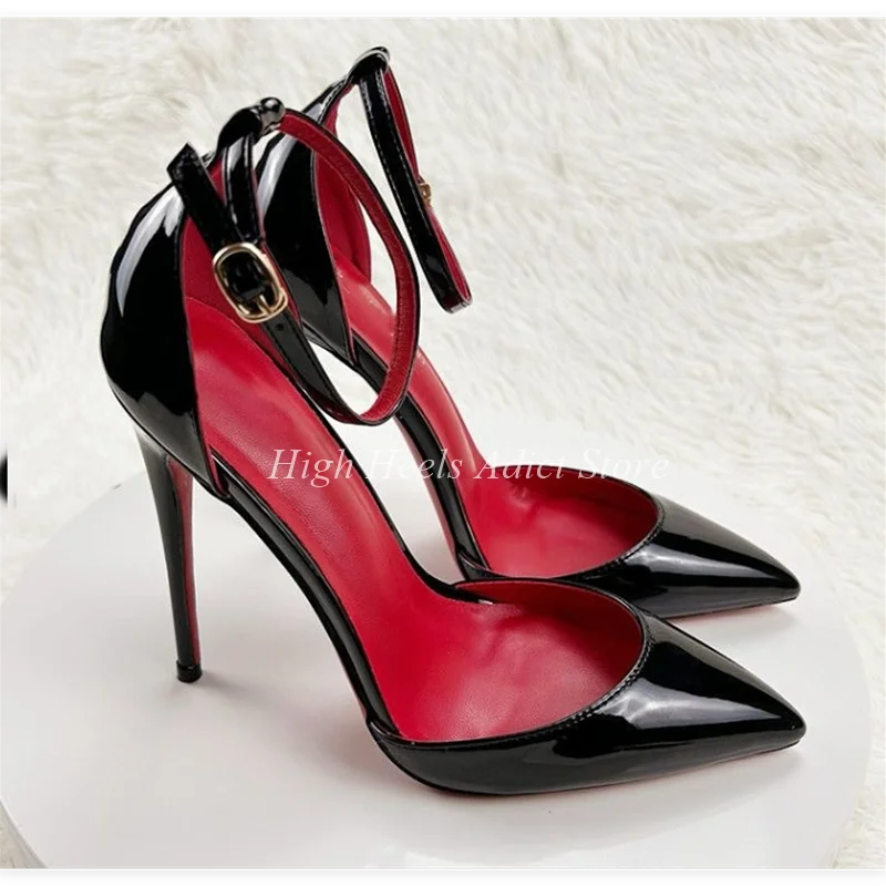 Baby Pink Patent Leather Sexy Ankle Strap Pumps Black/White/Nude Pointed Toe High Heels Good Quality Big Size Party Shoes heels_stiletto