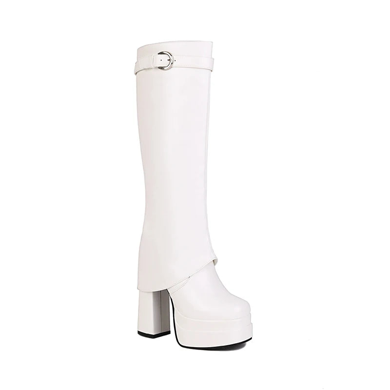 2024 Plus Size Turned-Over Edge Women's Knee-High Boots Warm Plush Inner Super Thick Heel Three-Layer Platform Buckle Shoes boots_platform