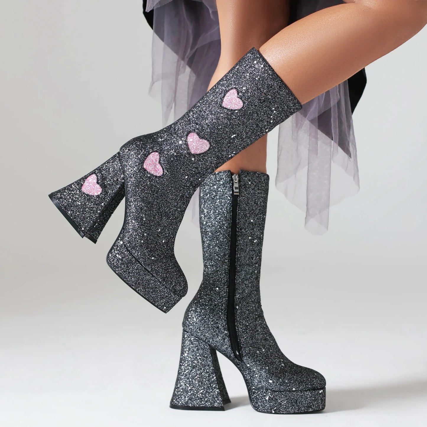 Heart Shaped Sequin Fabric Material Color Block Women's Mid Boots Platform High Shaped Conical Heel Thick Plush Lining Boots boots_platform