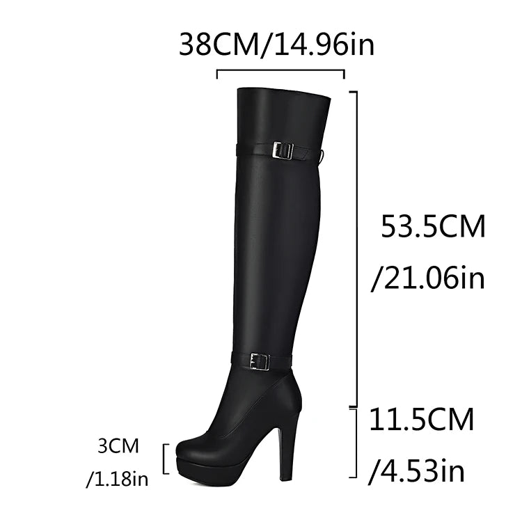 Double Row Metal Belt Buckle Side Zipper Round Toe Platform Ultra-High Thick Heel Over The Knee High Boots New Long Boots boots_platform