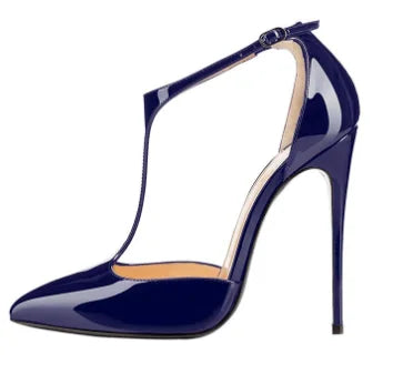 New pointed shallow mouth patent leather T-shaped buckle strap single shoe with feminine temperament, slim heel high heels heels_stiletto