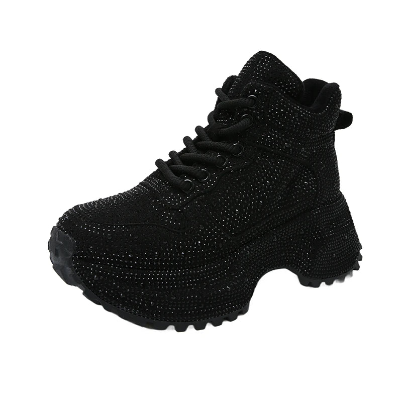 7CM Winter Women Shiny Rhinestones Shoes Casual Plush High Top Sneakers Women Stylish Sport Shoes Lace-Up Platform Luxury  sneakers_platform