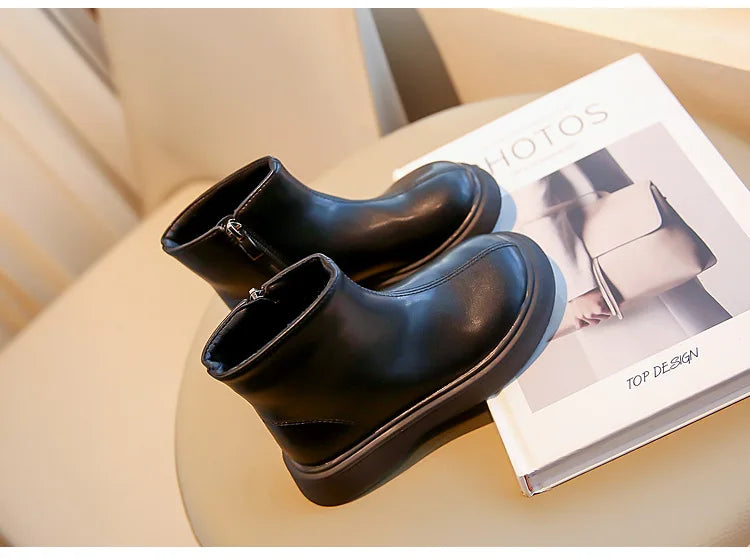 Autumn Winter Children's Boots Fashion Simple Style Girl's Ankle Boot Causal Versatile Black Kid Short Leather Boots Side Zipper kids_shoes