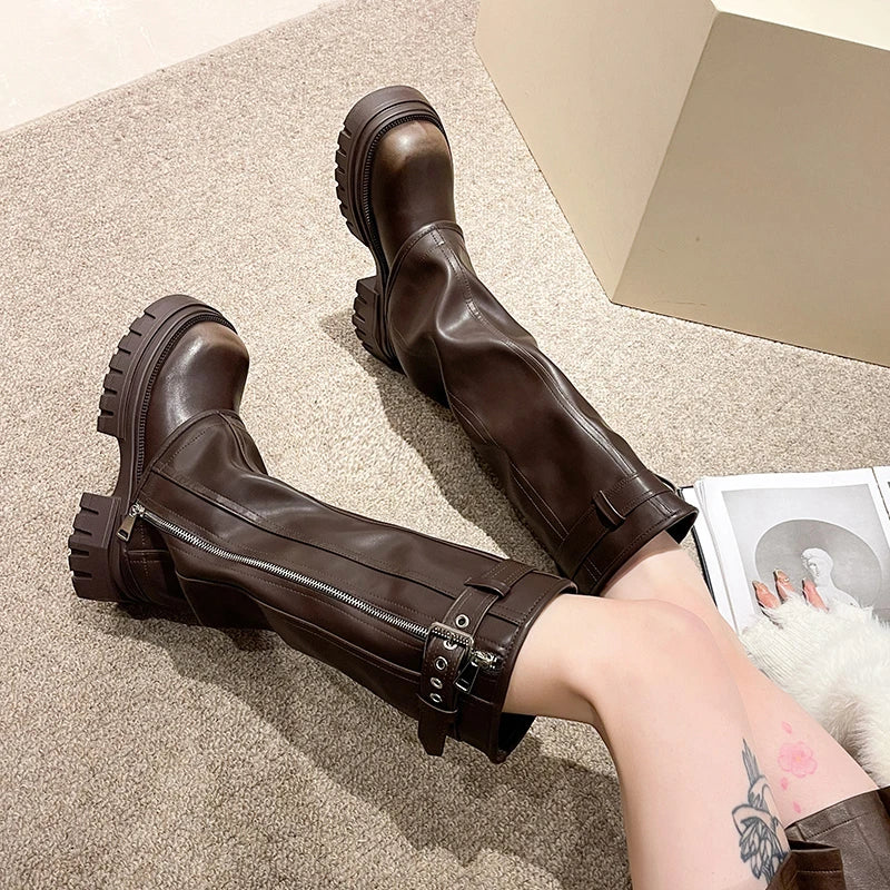 Winter Women Biker Boots Fashion Belt Buckle Ladies Elegant Platform Long Pipe Booties Casual Women's Knee High Booties2025 boots_platform