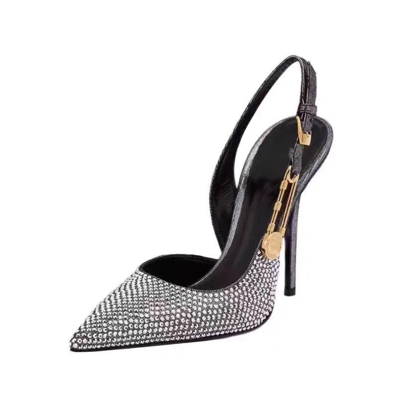 Women Shoes Luxury Rhinestones Sequined Buckle High Heels Elegant Pointed Toe Slingbacks Stiletto Shoes for Women Fashion Shoes heels_stiletto
