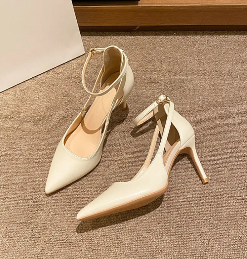 Ankle Strap Pointed Toe Women Slingback Pumps Black Matte Leather Hollow Stiletto High Heels Sandals 6CM and 8CM heels_stiletto