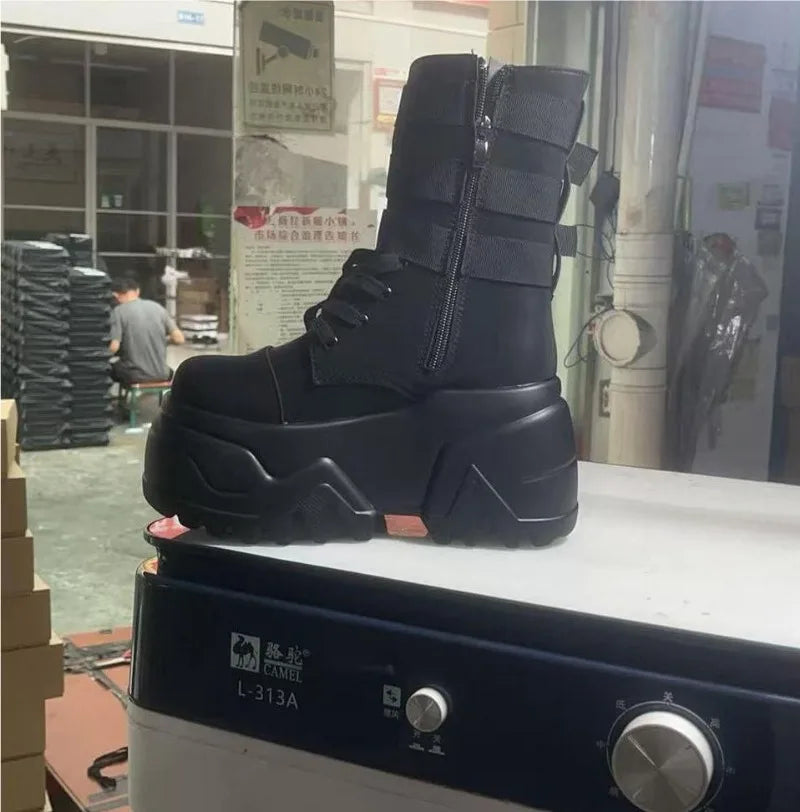 Women Ankle Booties Autumn Leather Chunky Shoes Woman High Platform Breathable Sneakers 9CM Thick Sole Wedges Motorcycles boots_platform