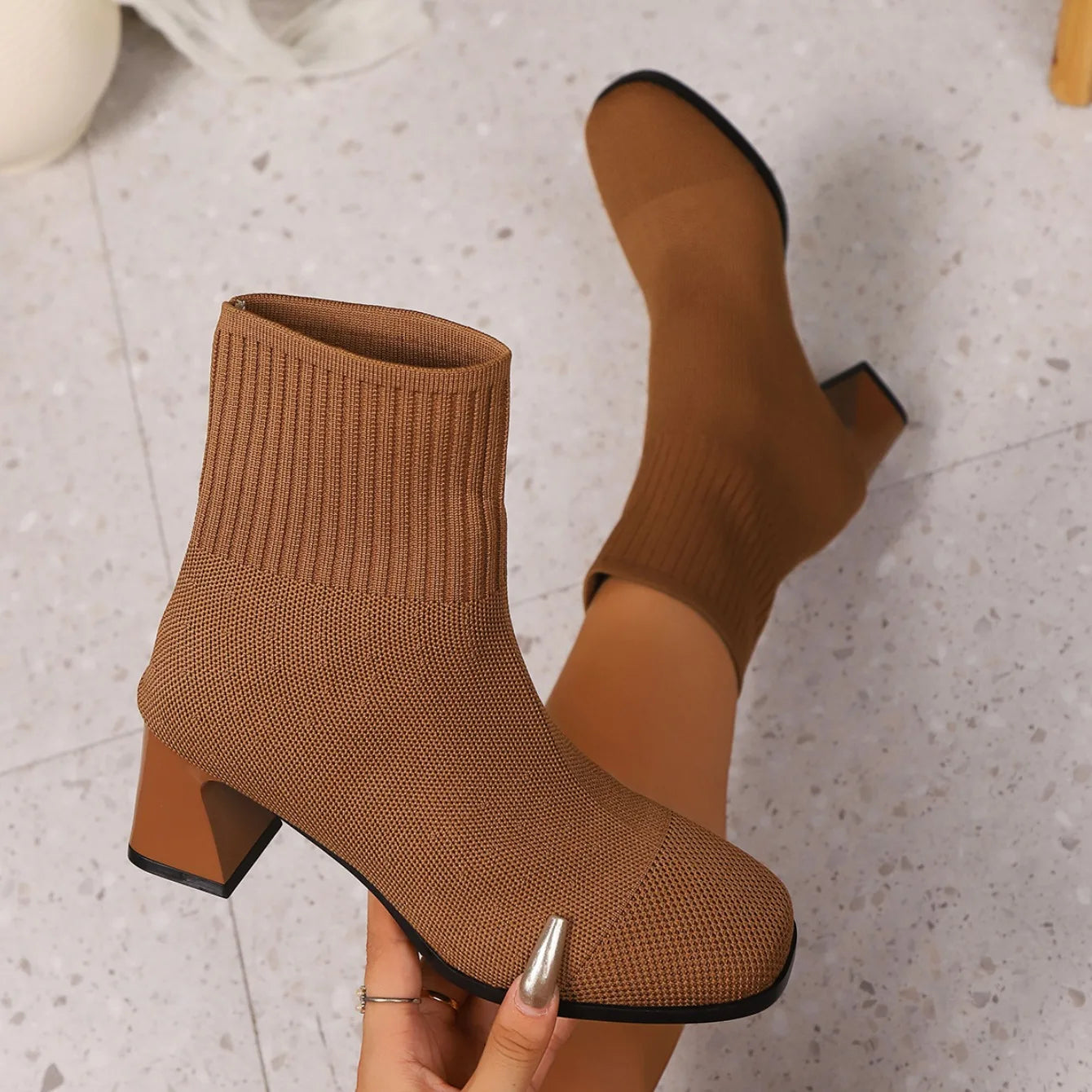 Women Boots Pointed Toe Slip on Mid-Calf Boots Spring Autumn Knitted Socks Boots Women High Heels Plus Size Fashion Shoes Women boots_highheel