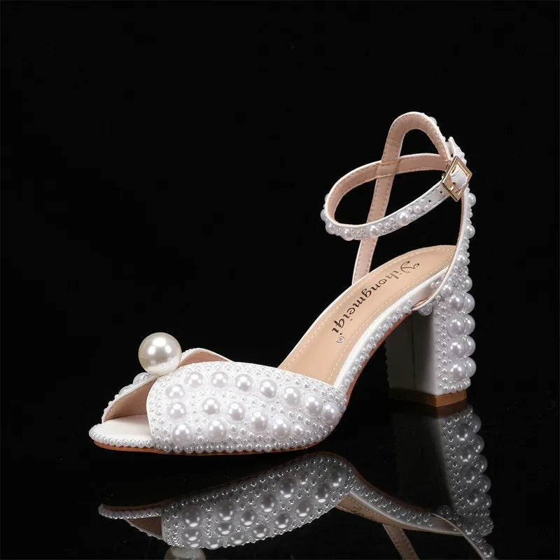 2025 New High Heels Thick Heel Shallow Mouth Women's Pearl Sandals Wedding Shoes Bridesmaid Shoes heels_bridal