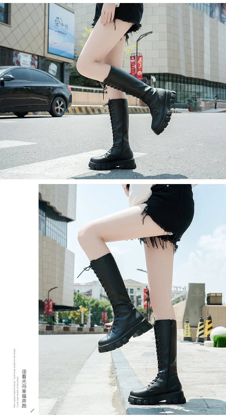 Women's Mid Calf Boots Padded Shoes Knee High Winter Sneakers Punk Style Military Casual White Black 2024 Lucury Platform Woman boots_platform