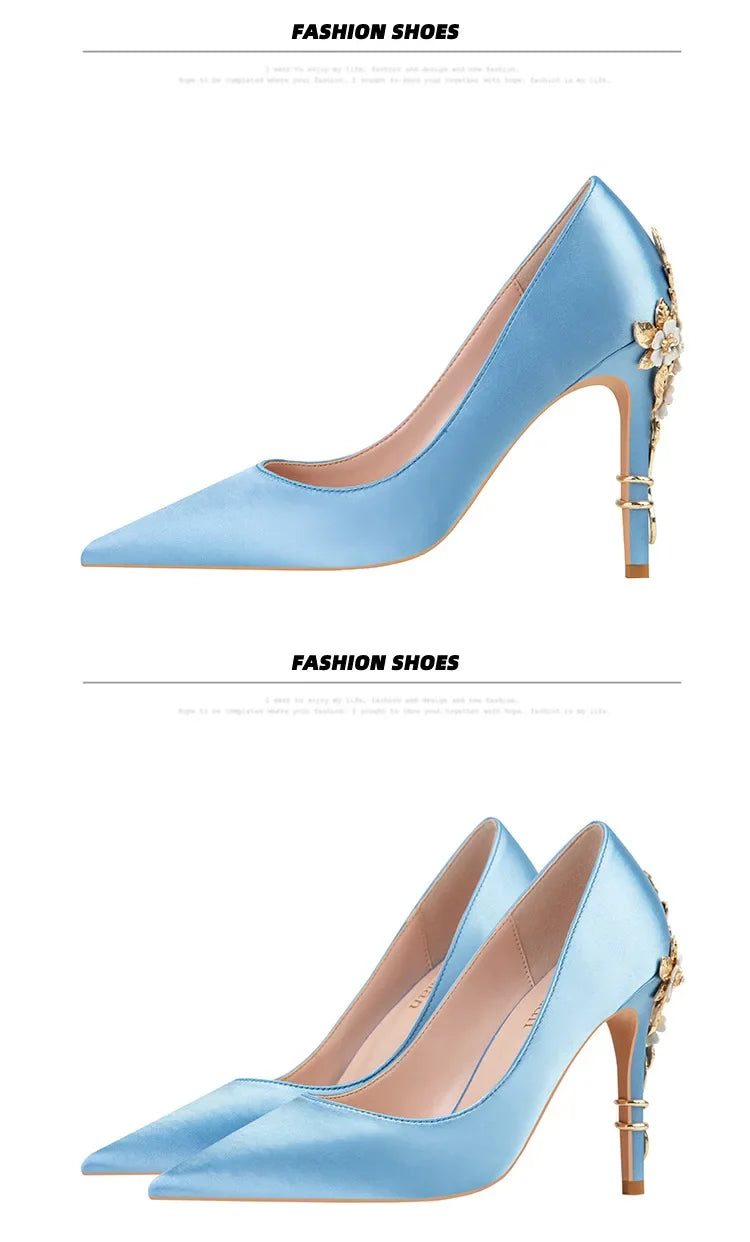 Women's Metal Flowers Stiletto High-heel Shoes Female  Light Luxury Sexy Fashion Wedding Shoes Pointed Toe Satin Single Shoes heels_stiletto