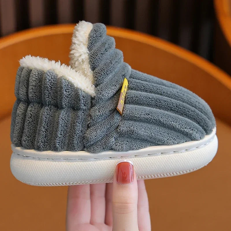 New Winter Concise Stripe Plush Slippers Children's Non-slip Soft Sole Kids Boys Girls Heel Wrap Warm High Home Cotton Shoes kids_shoes