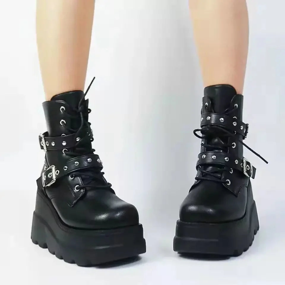 New Women's Pu Leather Ankle Boots Women Autumn Winter Round Toe Lace Up Shoes Woman Motorcycle Platform Botas Gothic Shoes boots_platform