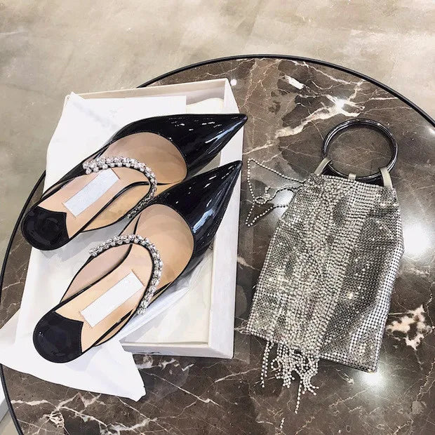 2025 Summer New High-heeled Stiletto Pointed Rhinestone Slippers Women's Outer Wear One-word with Baotou Half Drag Muller Shoes heels_bridal