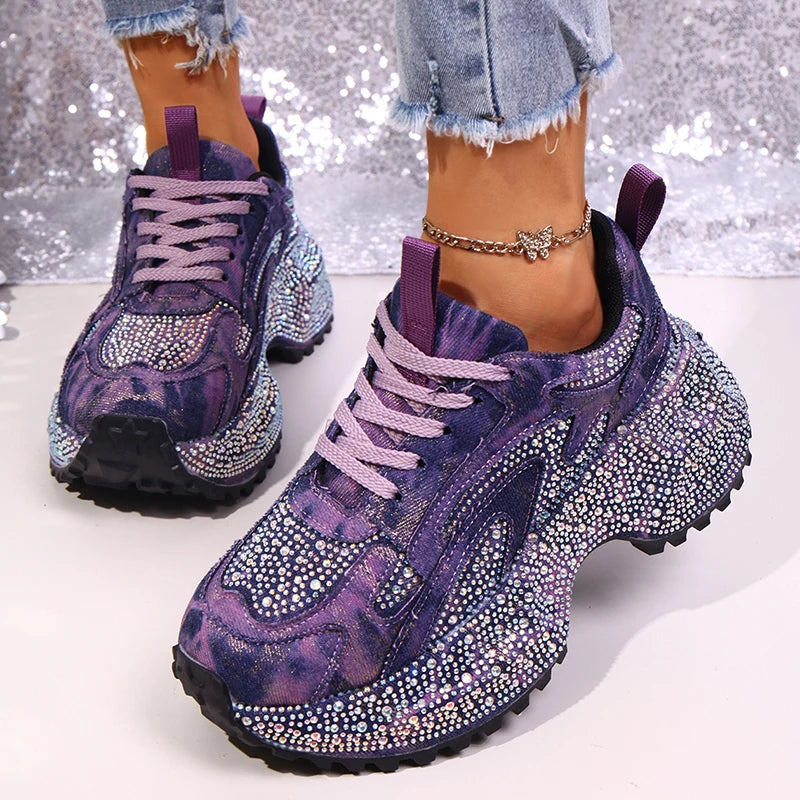 Luxury Rhinestone Chunky Sneakers for Women Fashion Purple Denim Platform Sports Shoes Woman Non Slip Thick Sole Vulcanize Shoes sneakers_platform