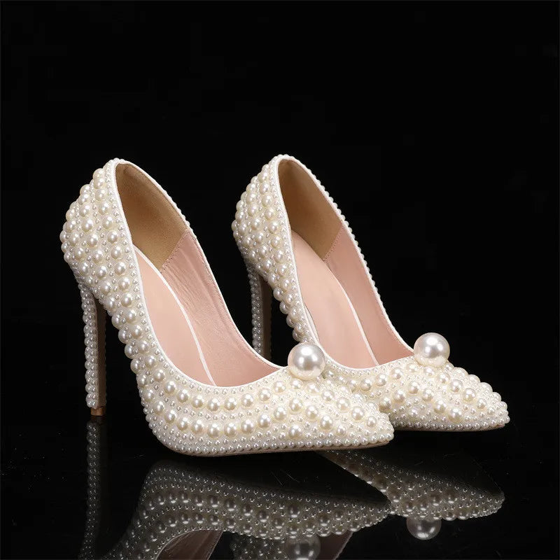 Luxury All perals Decoration White Women Pumps Fashion Spring Autumn Elegant 11CM Thin High heels Wedding Bridal Prom Shoes heels_bridal