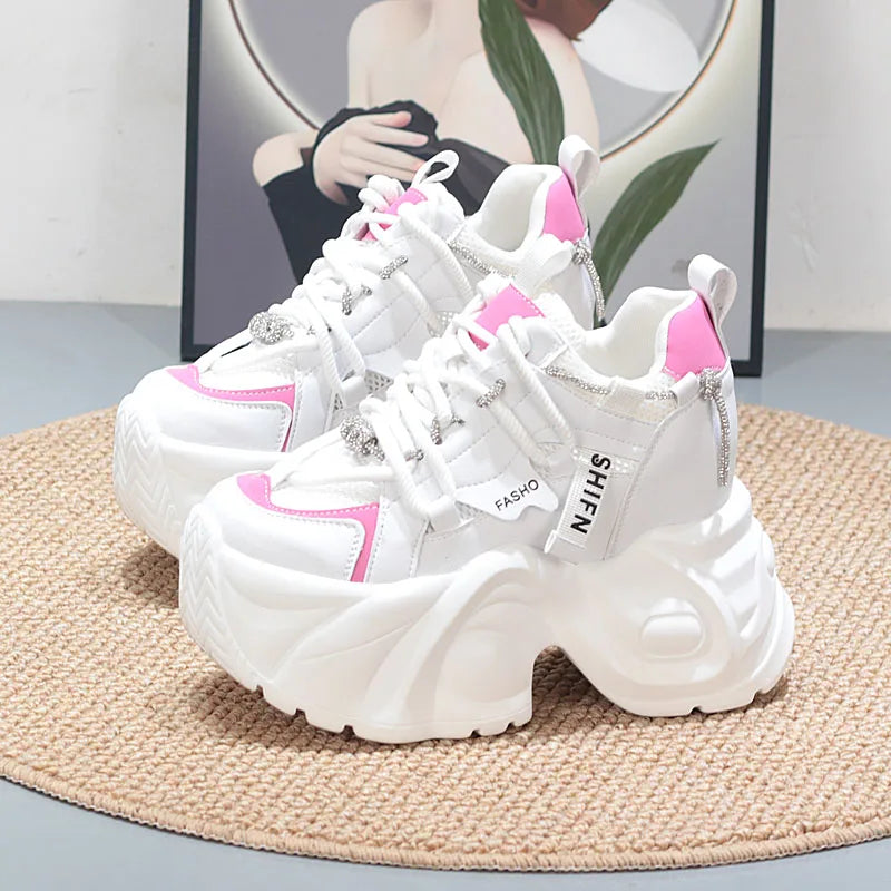 12CM Genuine Leather Flats Lace Up Fashion Women Spring Autumn Platform Wedge Flats Shoes Chunky Sneaker Vulcanize sneakers_platform