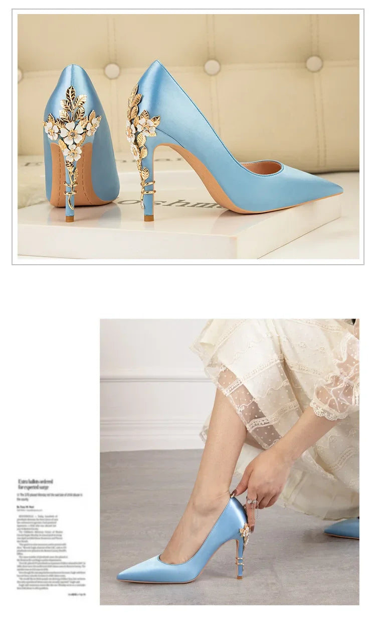 Women's Metal Flowers Stiletto High-heel Shoes Female  Light Luxury Sexy Fashion Wedding Shoes Pointed Toe Satin Single Shoes heels_stiletto