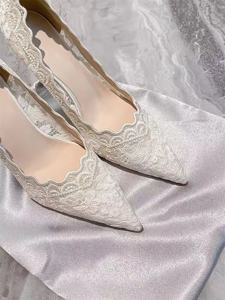 White Wedding Shoes Bridal Shoes Design Sense Niche Lace Pointed Stiletto Heel Shallow French High Heels Female Temperament heels_stiletto