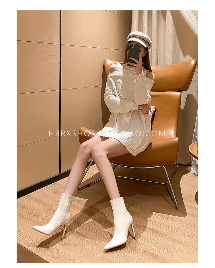 Women's Spring Ankle Boots White High Heels Pointed Toe Stiletto Heel Side Zipper Short Boots Leisure Fashion Sexy Botas Mujer boots_highheel