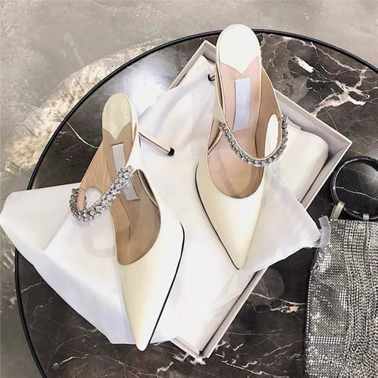 2025 Summer New High-heeled Stiletto Pointed Rhinestone Slippers Women's Outer Wear One-word with Baotou Half Drag Muller Shoes heels_bridal