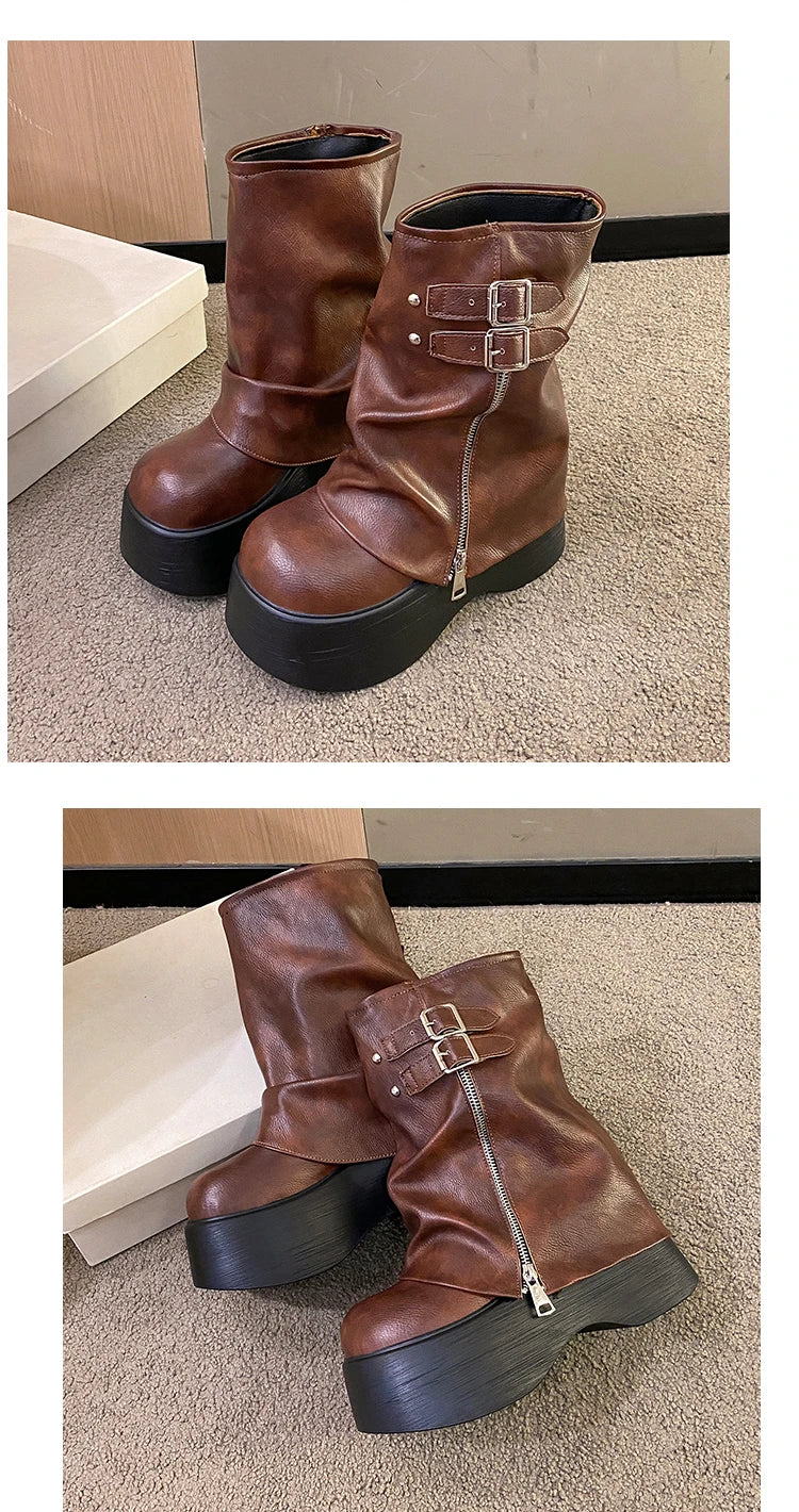Soft Leather Ankle Mid Calf Boots Winter Autumn High Platform Wedge British Booties Woman New Ladies Chunky Motorcycle Boots 9CM boots_platform