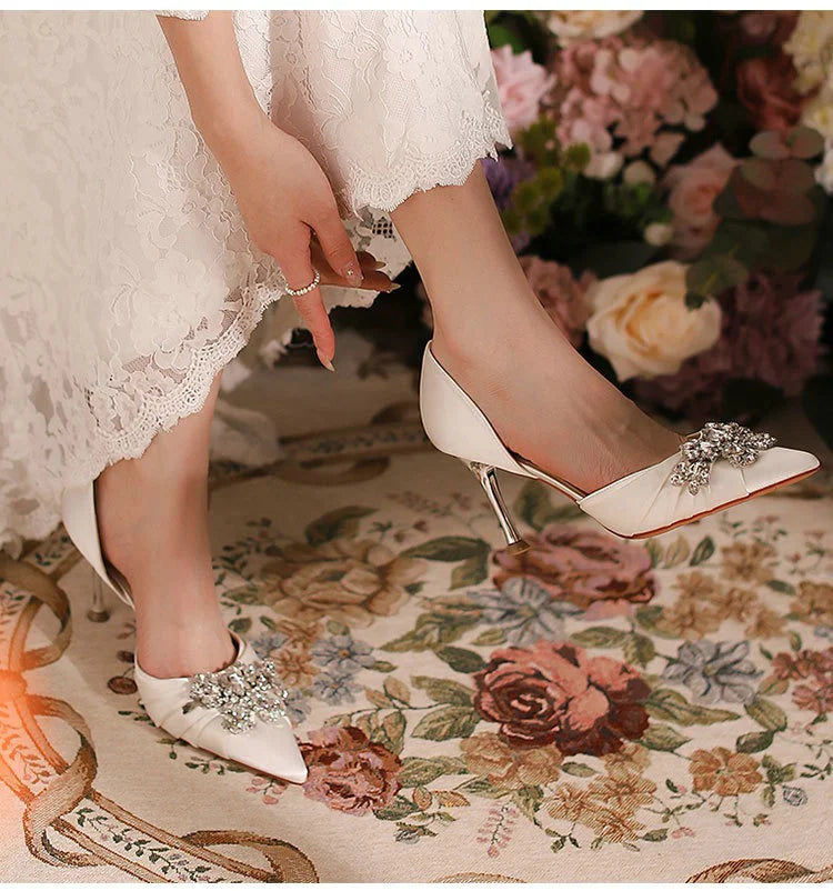 2025 Autumn New White French High Heels Pointy Rhine-Diamond Thin Heel Not Tired Foot Single Shoes Wedding Shoes heels_bridal