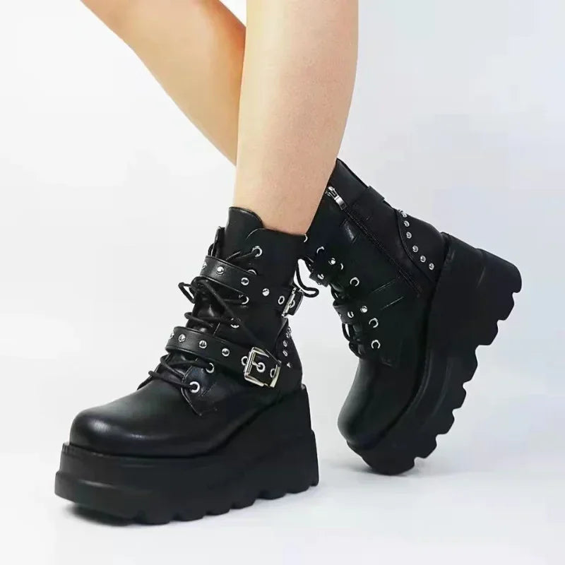 New Women's Pu Leather Ankle Boots Women Autumn Winter Round Toe Lace Up Shoes Woman Motorcycle Platform Botas Gothic Shoes boots_platform