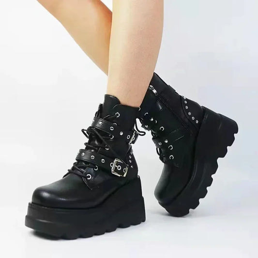 New Women's Pu Leather Ankle Boots Women Autumn Winter Round Toe Lace Up Shoes Woman Motorcycle Platform Botas Gothic Shoes boots_platform