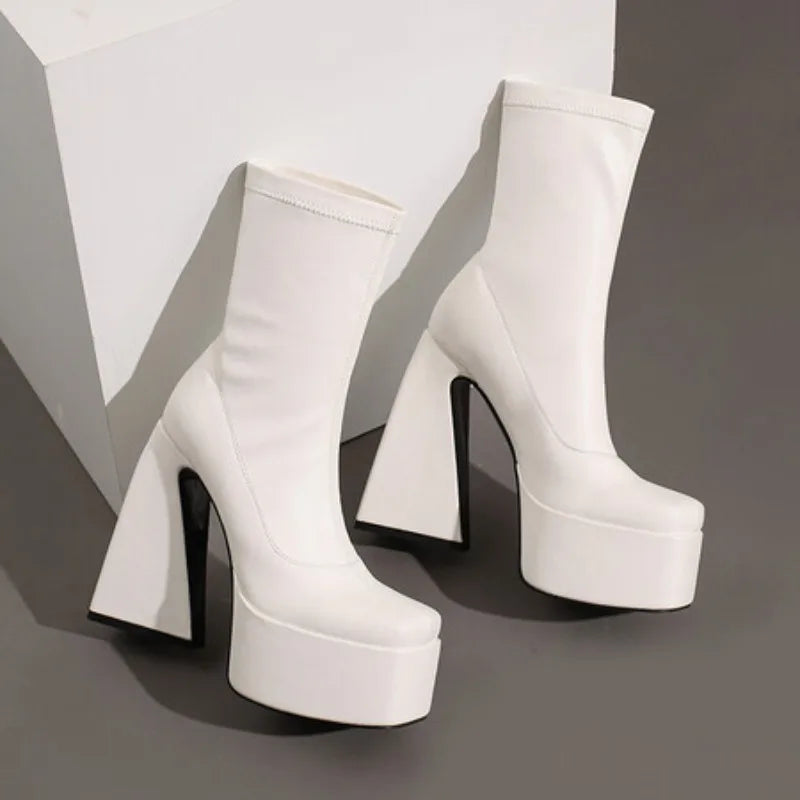 Stretch Punk Style Gothic Chunky Platform Ankle Boots for Women Autumn Winter Shoes Ladies Strange High Heels Boots Booties boots_platform