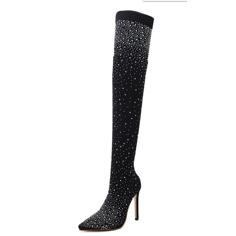 Design Crystal Rhinestone Stretch Fabric Sexy High Heels Sock Over-the-Knee Boots Pointed Toe Pole Dancing Women Shoes boots_highheel