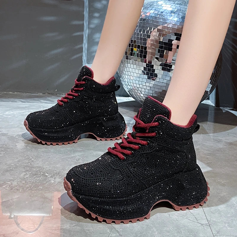 7CM Winter Women Shiny Rhinestones Shoes Casual Plush High Top Sneakers Women Stylish Sport Shoes Lace-Up Platform Luxury  sneakers_platform