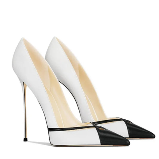 White Matte Leather High Heels Patchwork Pointed Toe Shallow Stilettos Pumps Slip-on Banquet Shoes heels_stiletto
