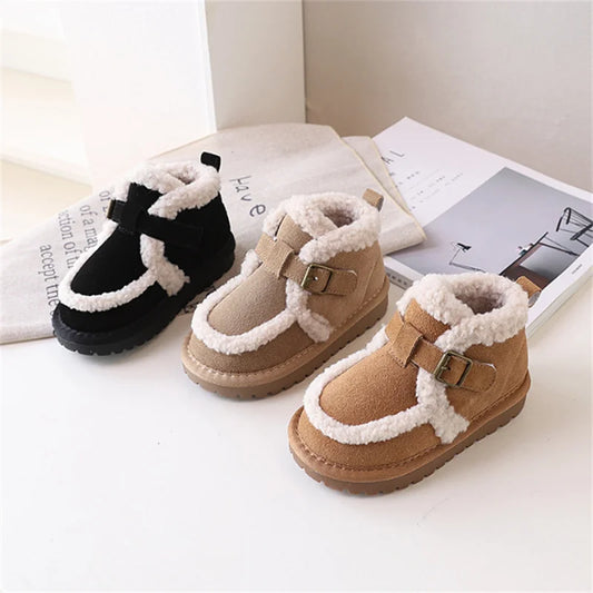 Children's Snow Boots For Girls Leather Warm Plush Fashion Non-slip Toddler Kids Boys Boots EU 21-30 kids_shoes