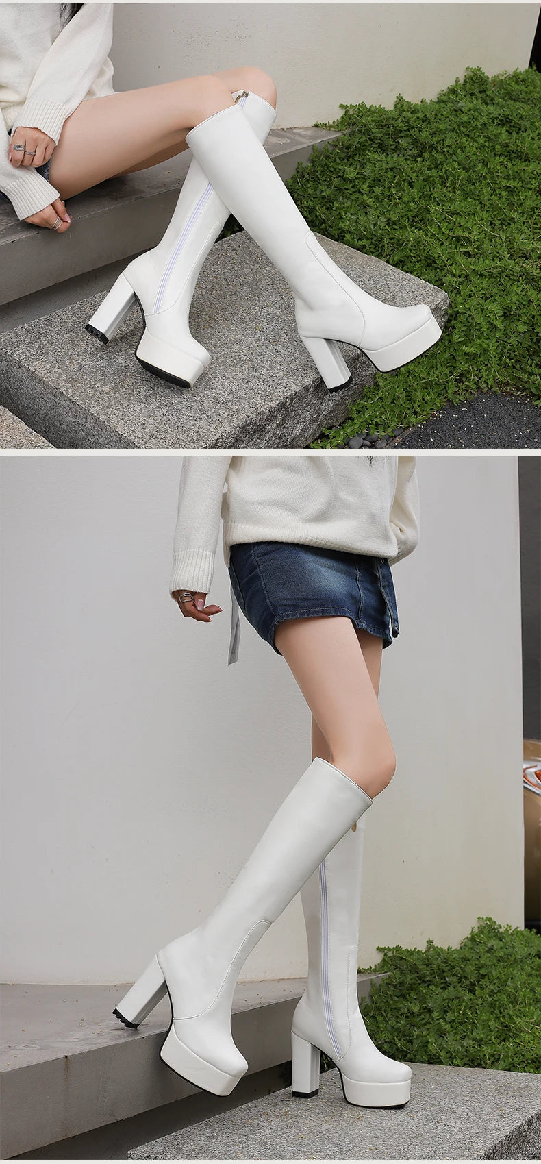 High Waterproof Platform Square Toe Solid Color Side Zipper Women's Knee High Boots Super High Thick Heel Office Boots boots_platform