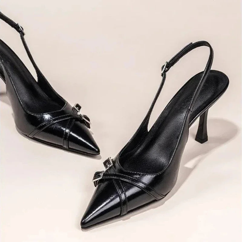 Fashionable Pointed Toe Shallow Mouth New High-heeled Shoes Summer Elegant Buckle Decorated Stiletto Black Women's Shoes Pumps heels_stiletto