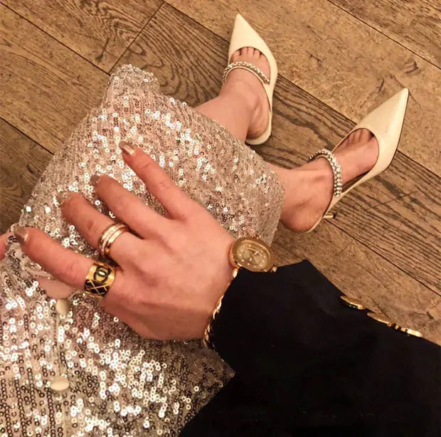 2025 Summer New High-heeled Stiletto Pointed Rhinestone Slippers Women's Outer Wear One-word with Baotou Half Drag Muller Shoes heels_bridal