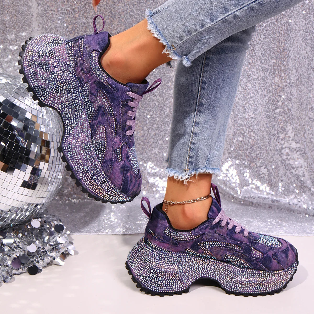 RYAMAG Rhinestone Denim Platform Sneakers for Women Bling Chunky Trainers Lace-up Casual Walking Shoes sneakers_platform sneakers_luxury