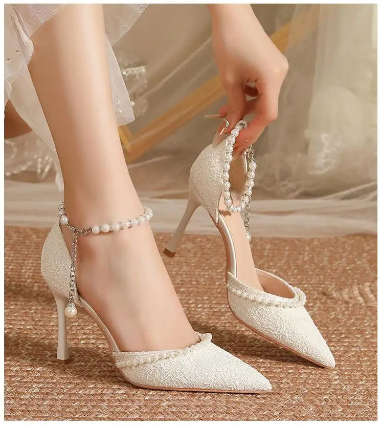 Size 30-44 Pearls Strap High Heels Lace Women White Wedding Shoes Stiletto Heel Point Toe Bride Bridesmaid heels_bridal