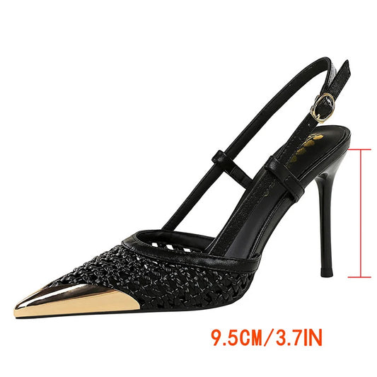 Fashion hollow Weaving Women Pumps Metal pointed tip High Heels Stiletto 9.5 cm buckle Summer Women's high-heeled sandals Shoes heels_stiletto