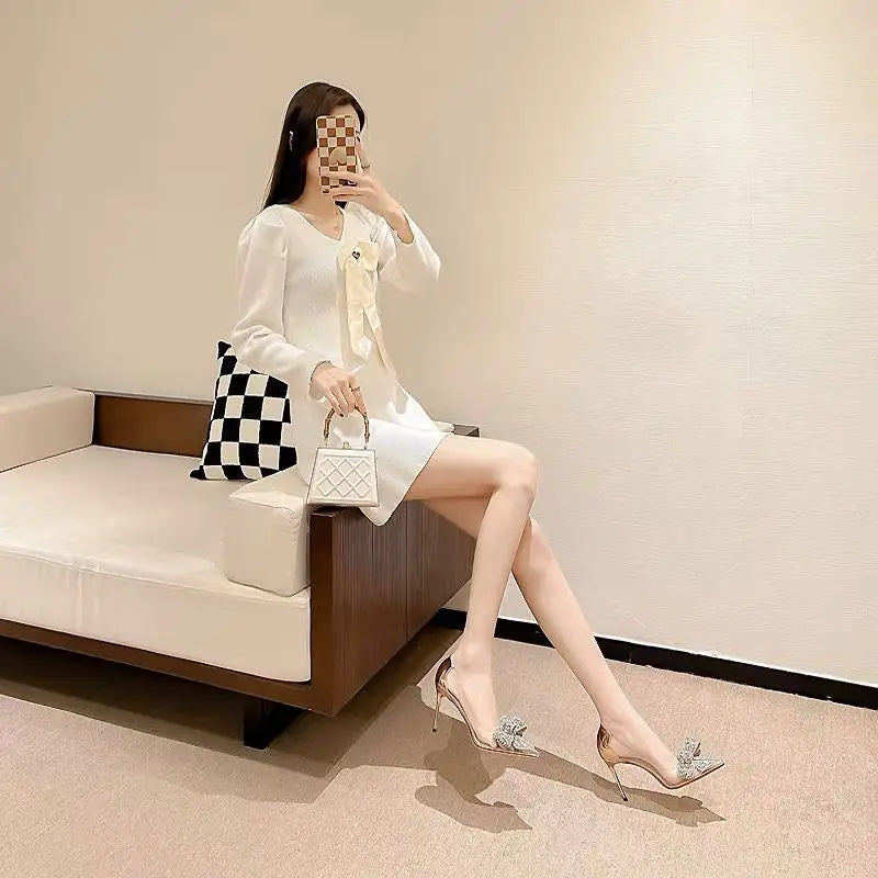 Pointed toe stiletto women's high heels women's shoes fashion women's shoes wedding shoes high heel 8cm transparent bow gemstone heels_stiletto