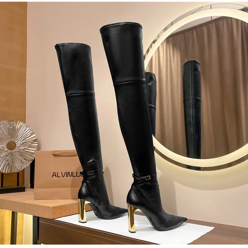 Fashion Autumn Winter Soft Leather Stretch Women Thigh high Boots Elegant Pointed toe High heels Over the knee Boots Party Shoes boots_highheel