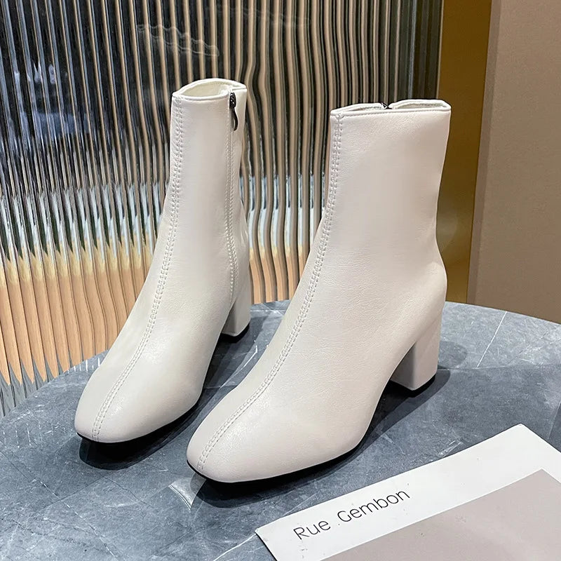 Leather Medium Heeled Short Boots for Women PU Soft Ankle Boots Side Zipper Comfortable Office Women Shoes Square Ladies Boats boots_highheel