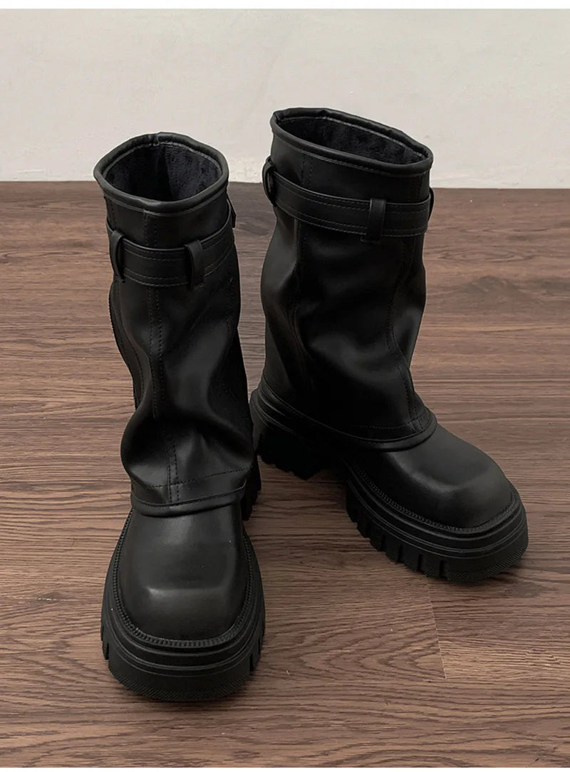 Winter Women Biker Boots Fashion Belt Buckle Ladies Elegant Platform Flats Short Booties Casual Women's Knight Booties boots_platform