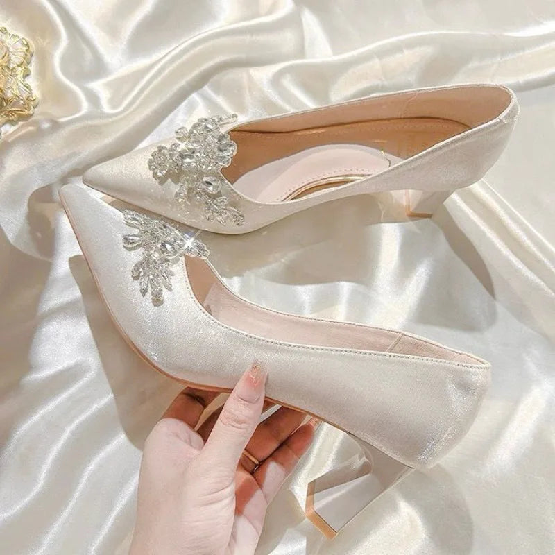 Gold  Heels Fine Heeled Shoes Sexy Pump 2024 All-Match Slip On Sandals Ladies Pointed Wedge Lace-Up Stiletto Crossdressers Cryst heels_stiletto