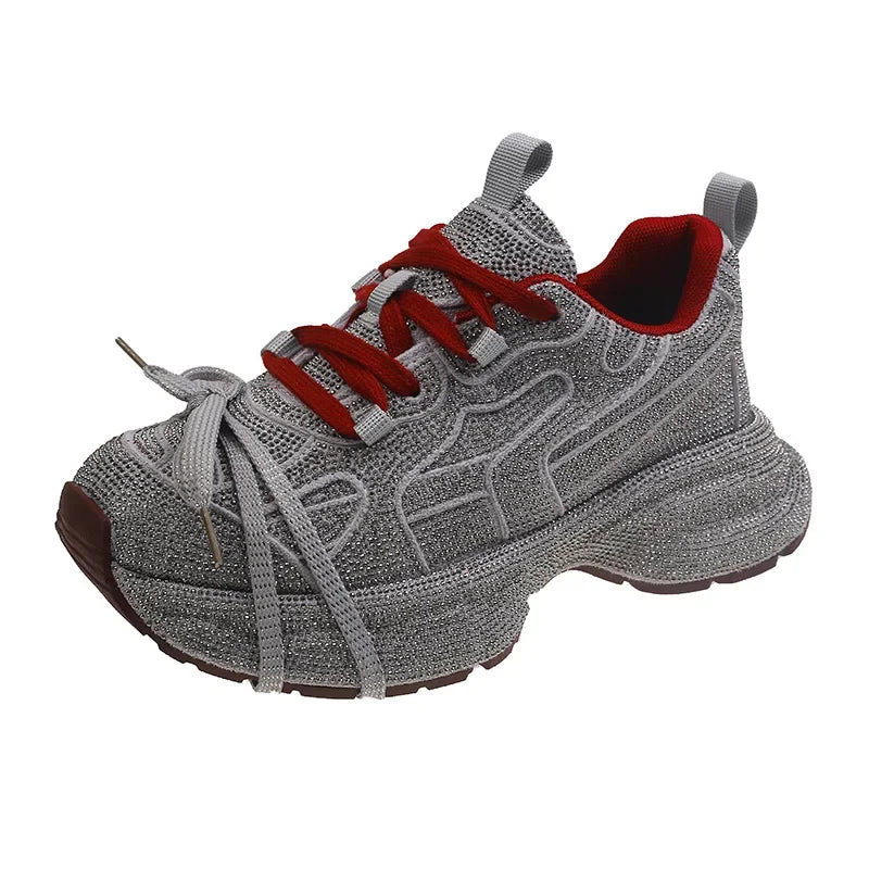 2025 Women's Dad Shoes Sparkling Rhinestone Thick Bottom Casual Sports Flashing Autumn Rubber Sole Non-Over Ankle sneakers_platform