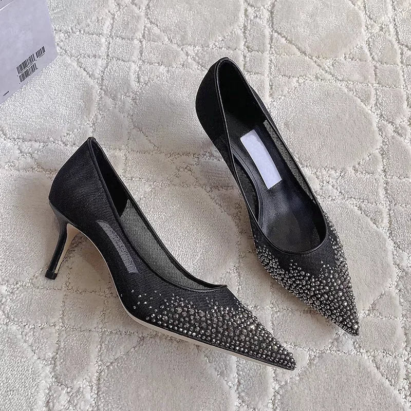 Spring and Autumn 2025 New   Mesh Pointed Shallow Mouth Sexy Stiletto Shoes heels_stiletto