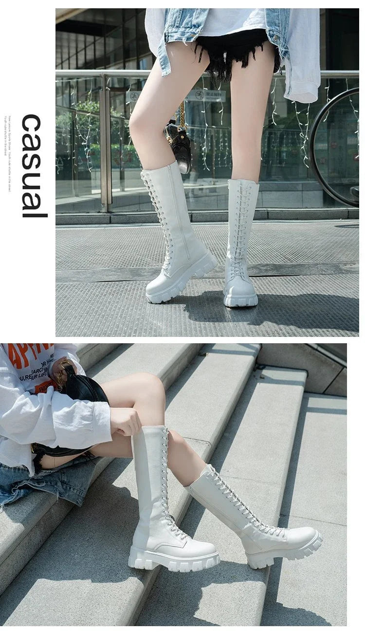 Women's Mid Calf Boots Padded Shoes Knee High Winter Sneakers Punk Style Military Casual White Black 2024 Lucury Platform Woman boots_platform