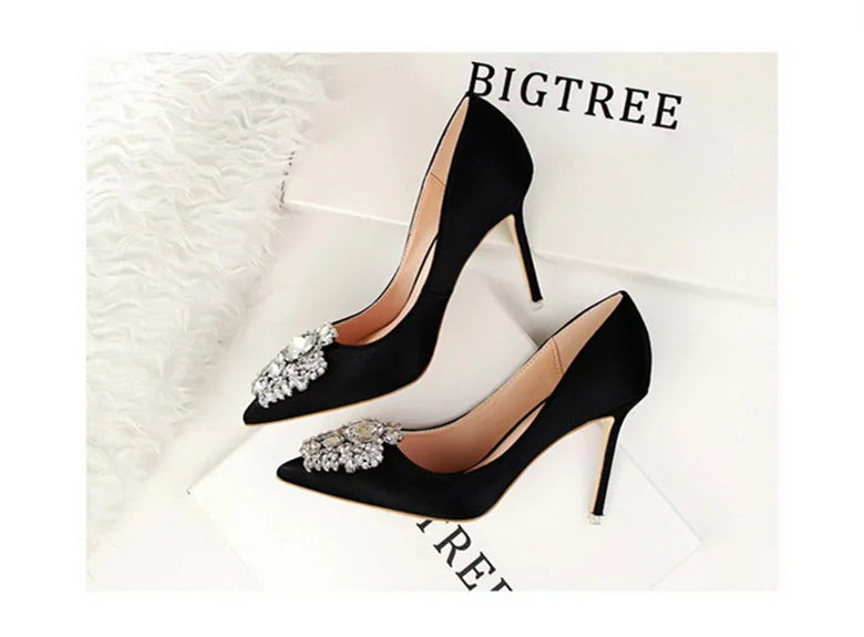 CINESSD Silver Gray Black Women Bridal Wedding Shoes Faux Silk Satin Rhinestone Crystal Shallow Woman Pumps Stiletto High Heel heels_stiletto